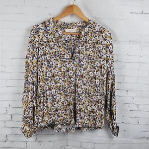 LOFT WHITE WITH YELLOW GREEN & BROWN FLORAL LONG SLEEVE V NECK MOCK WRAP TOP